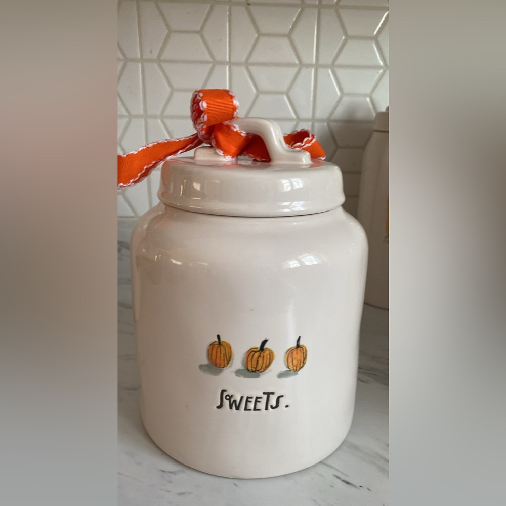 Rae Dunn White Sweets Jar with Orange Accents